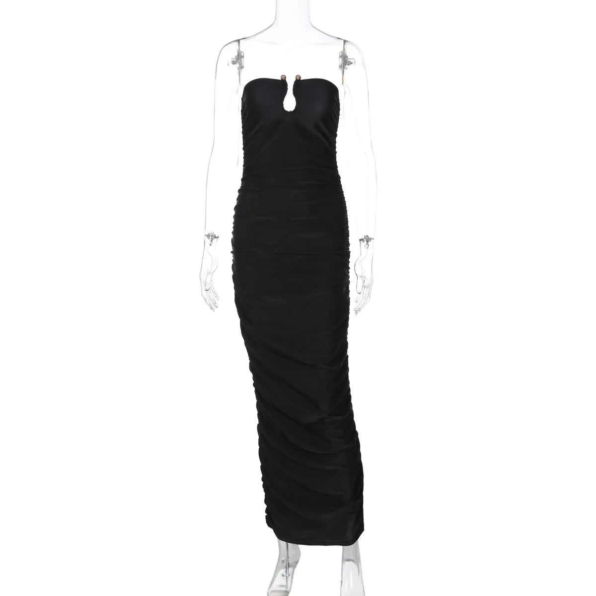 Strapless Keyhole Cutout Ruched Skirt Bodycon Maxi Dress
