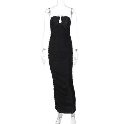 Strapless Keyhole Cutout Ruched Skirt Bodycon Maxi Dress