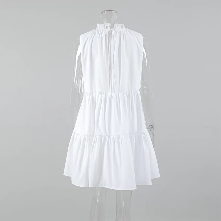 Summer Cotton A-line Loose Ruffles White Dress Women Casual O-neck Lace-up Sleeveless Mini Dress Female Holiday Party Dress 2025