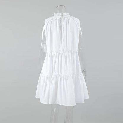 Summer Cotton A-line Loose Ruffles White Dress Women Casual O-neck Lace-up Sleeveless Mini Dress Female Holiday Party Dress 2025