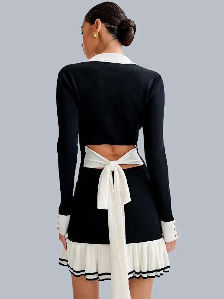 Pointed Collar Button Front Contrast Cuff Ruffle Hem Knit Mini Dress