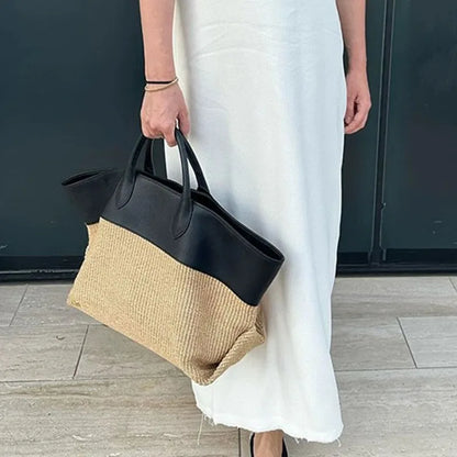 Summer Straw Shoulder Women Large Capacity Rattan Handle Splicing Color Beach Bag Genuine Leather Tote Bags For Women