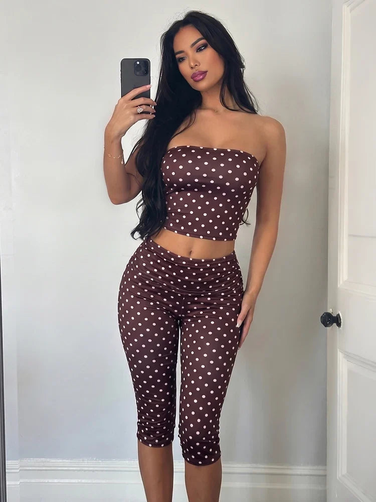 Women Simple 2-Piece Set Polka Dot Print Tank Top+Folds Elastic Waist Short Elasticity Chic Classic Summer Sreetwear