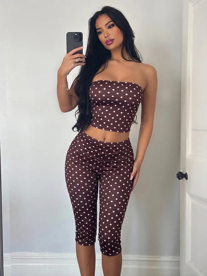 Women Simple 2-Piece Set Polka Dot Print Tank Top+Folds Elastic Waist Short Elasticity Chic Classic Summer Sreetwear