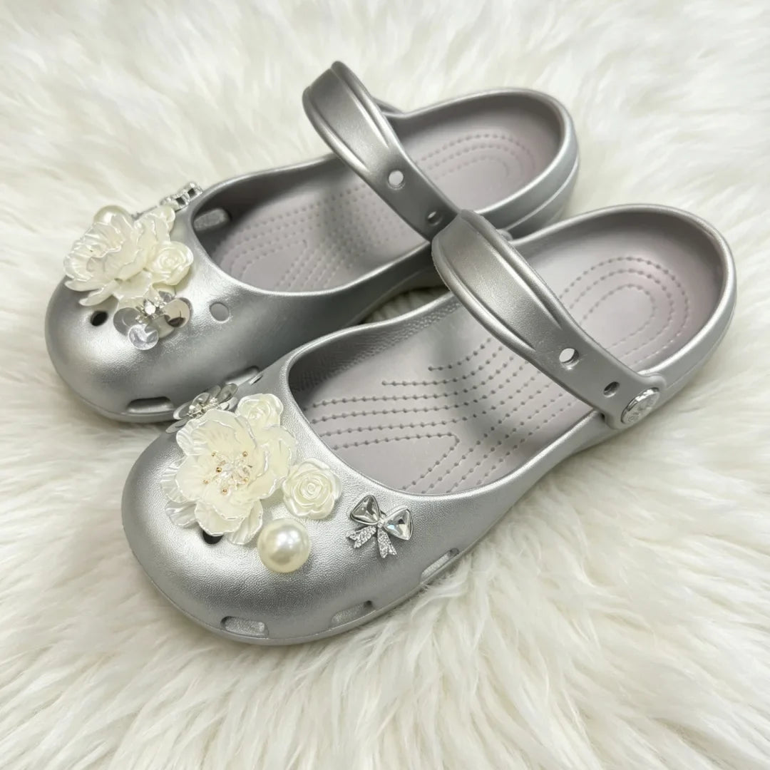 Ballet dancing shoes hole shoes spring new one-pedal hollow silver camellia sandals lazy shoes