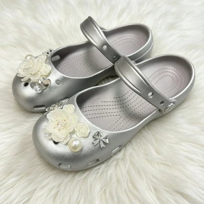 Ballet dancing shoes hole shoes spring new one-pedal hollow silver camellia sandals lazy shoes