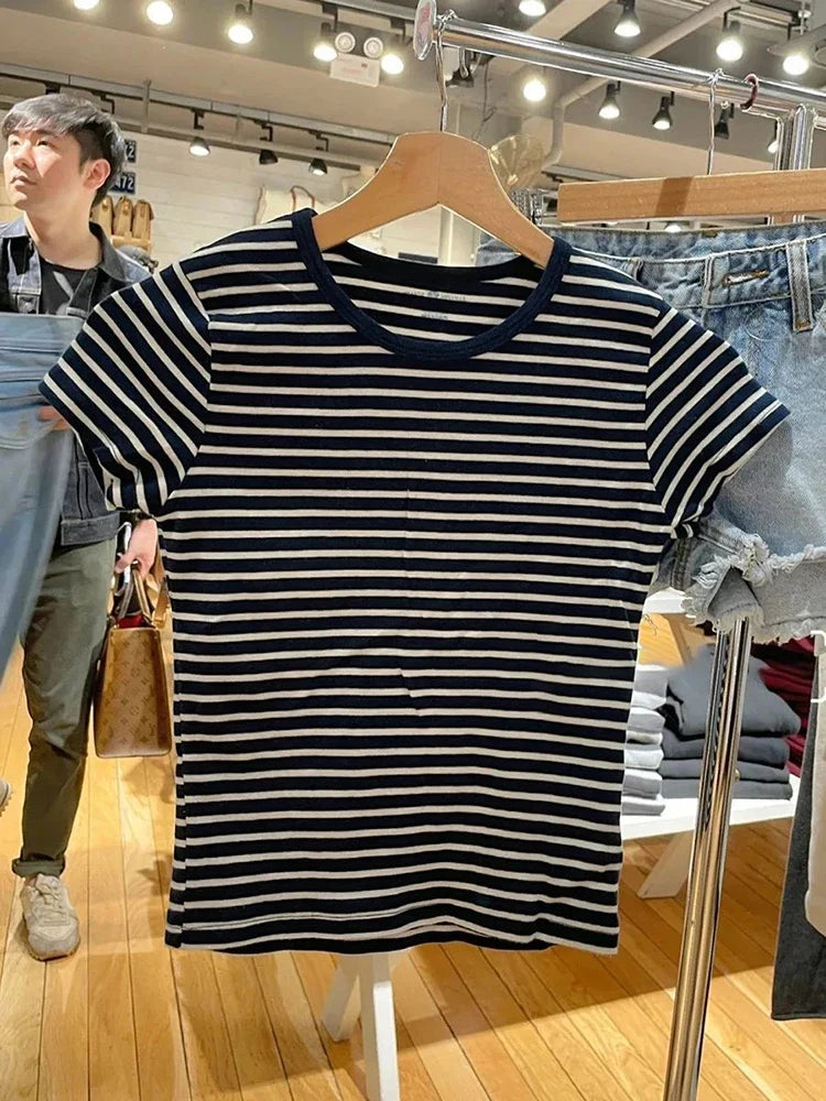Vintage Striped Slim T-Shirt Women Round Neck Short Sleeve Cotton Tshirt Tops Femme Casual Streetwear Y2k Crop Top Summer Tees