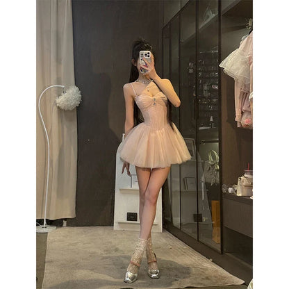 Sweet Mini Dress Women Birthday Party Mesh Patchwork Spaghetti Strap Dresses Summer Y2K Korean Fashion Bodycon Design Vestidos