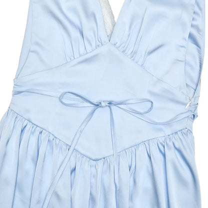 Patchwork Satin Deep V-neck Lace Bow Women Maxi Dress Backless Lace Up Dress Summer Slim Elegant Party Evening Dress