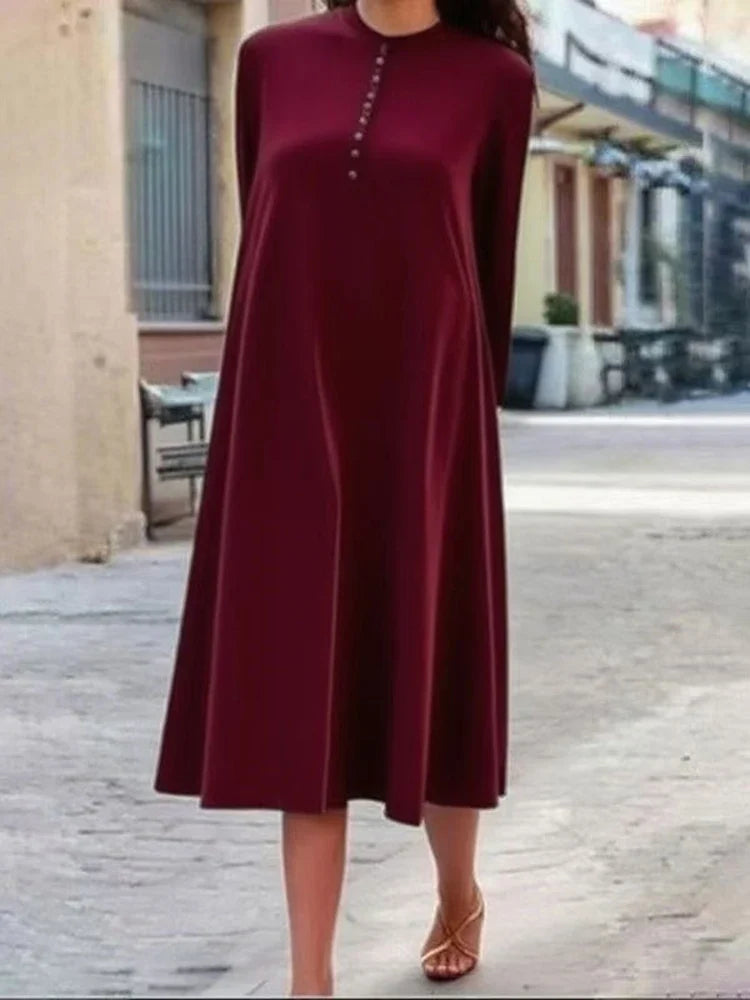 Casual O-neck Long Sleeve Velvet Maxi Dress Temperament Solid Color Loose Party Robes Lady Simple Pleated Commute A-line Dresses