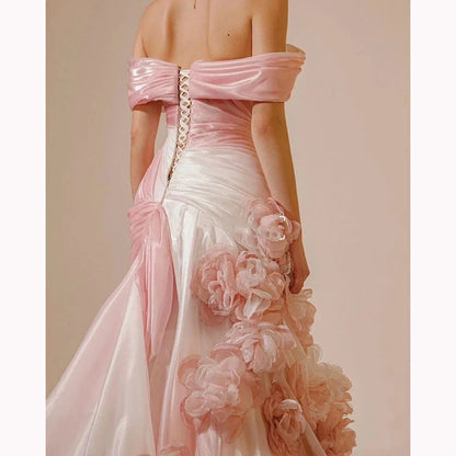 Women Dress Gradual Pink Gradient Formal Dress with Roses Strapless Sleeveless Elegant Chic Evening Party Gown