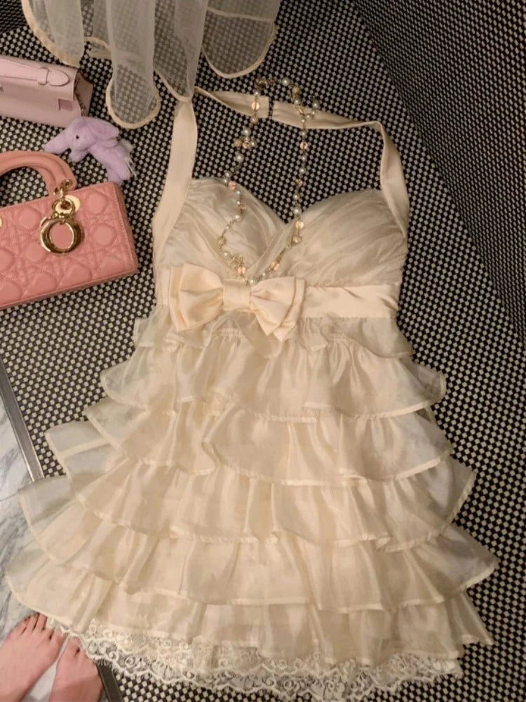 2000s Aesthetic Elegant Retro Women Summer Dresses Y2k Design Lace Beach Dress Female Bow Princess Chic Korean Popular Clothes