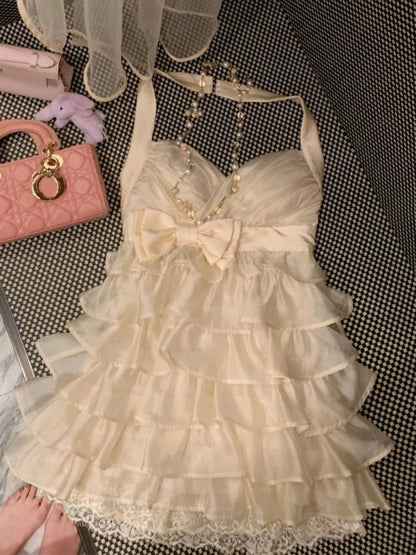 2000s Aesthetic Elegant Retro Women Summer Dresses Y2k Design Lace Beach Dress Female Bow Princess Chic Korean Popular Clothes
