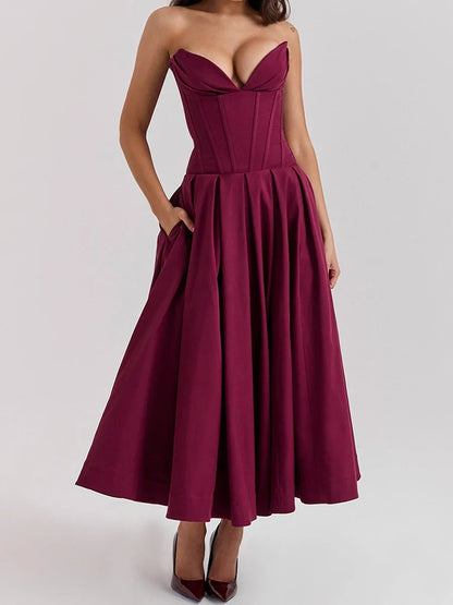 Sexy Elegant Solid Long Dresses For Women V-neck Sleeveless Backless A-line Midi Dress Fashion Evening Party Vestidos 2024 New