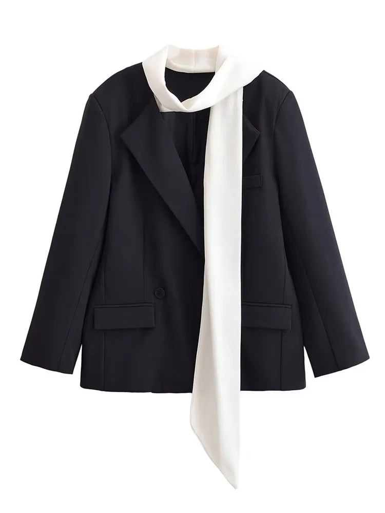 Fashion Scarf Blazers jacket Female Elegant Long Sleeve Patchwork Commute Pocket Outwear Women's Contrast Suit jacket 2026
