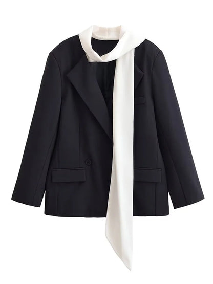 Fashion Scarf Blazers jacket Female Elegant Long Sleeve Patchwork Commute Pocket Outwear Women's Contrast Suit jacket 2026