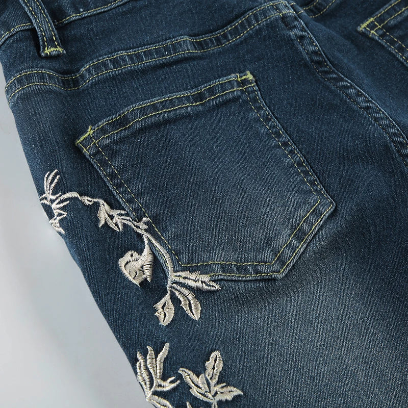 Y2K Rose Embroidered Trumpet Jeans Women Fashion Aesthetic Slim Flare Pants Vintage Blue 2000s Denim Trousers Spring