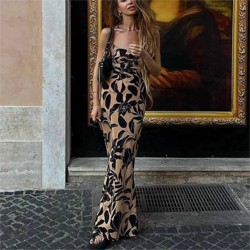 Botanical Print Cowl Neck Spaghetti Strap Bodycon Maxi Dress