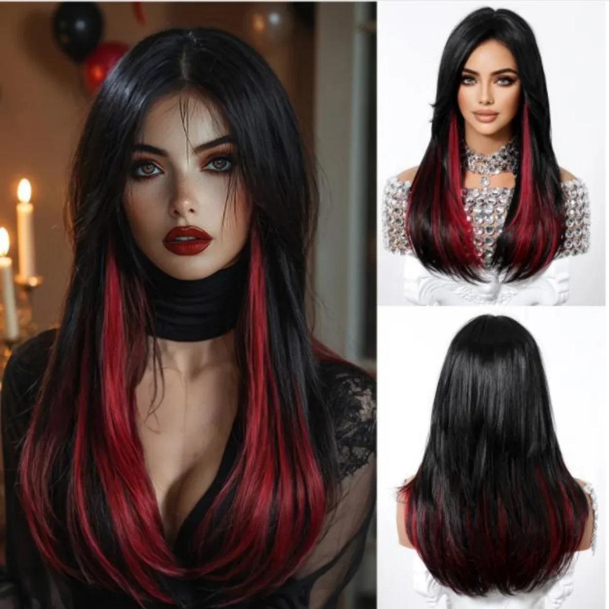 Black Highlight Rose Red Wig With Curtain Bangs 18inch Natural Layered Straight Synthetic Wig For Women Christmas Party Cosplay