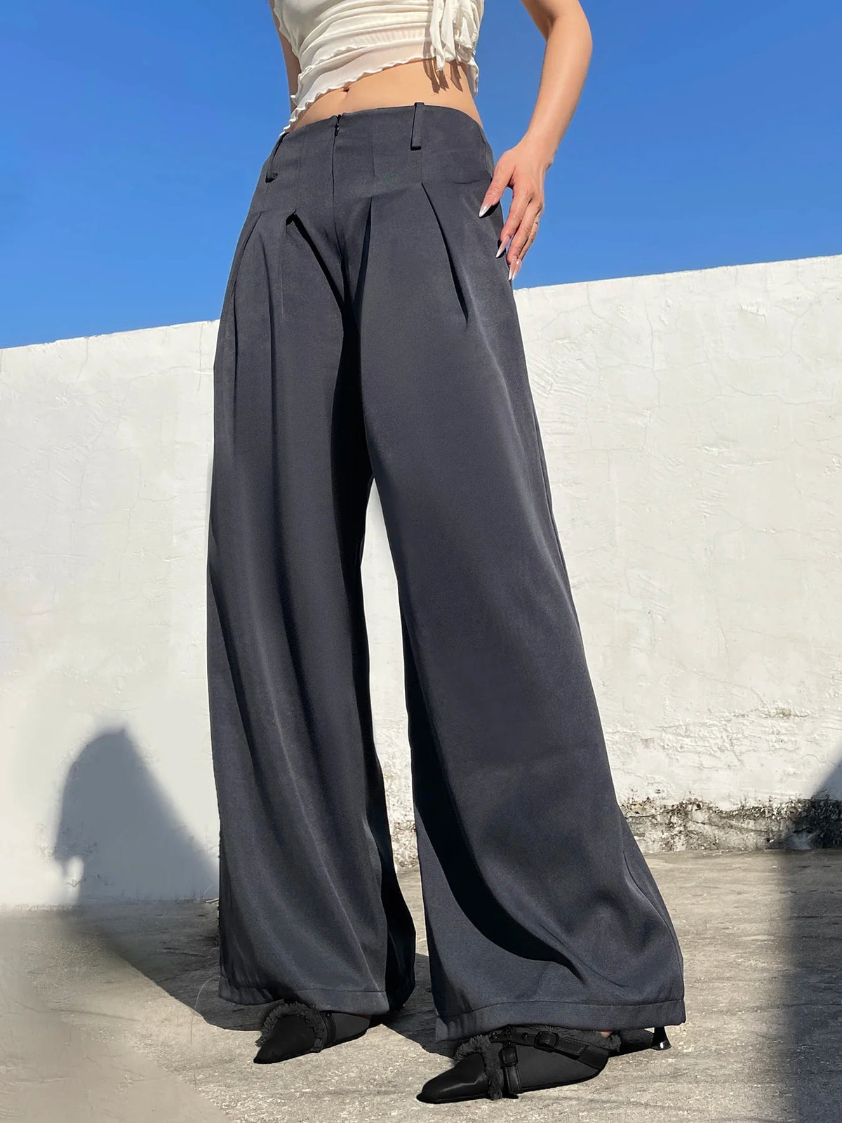 Casual Loose Folds Suit Pants Basic Solid Mid-Waisted Wide Leg Pants Women Autumn Spring Fashion Streetwear Ladies