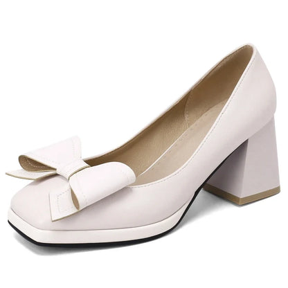 Sweet Bow-tied Women's Heels Shoes Elegant Blue Red Block Medium Heel Pumps Large Size Office Party Wedding Shoes