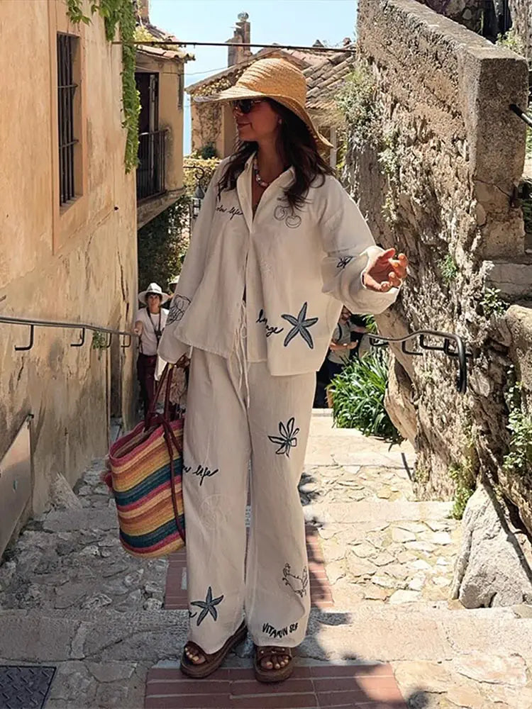 Cotton Linen Women's Trousers Set Long Sleeve Single Breasted Loose Shirt Wide Leg Pants Suits Summer Casual Lady Sets