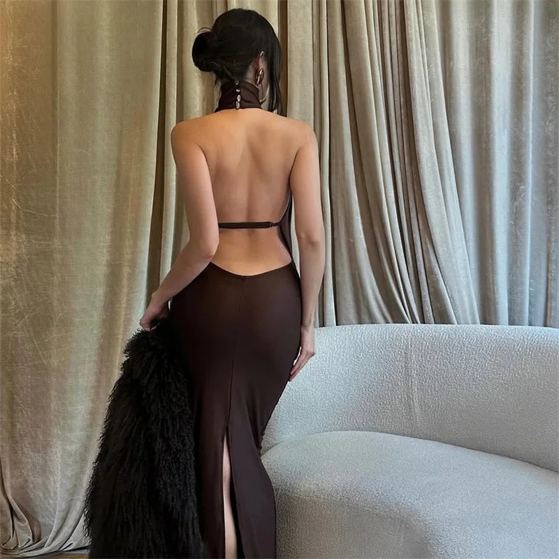 women's sexy hollow out swinging neck backless princess style slim fit bag hip slit hanging neck dress