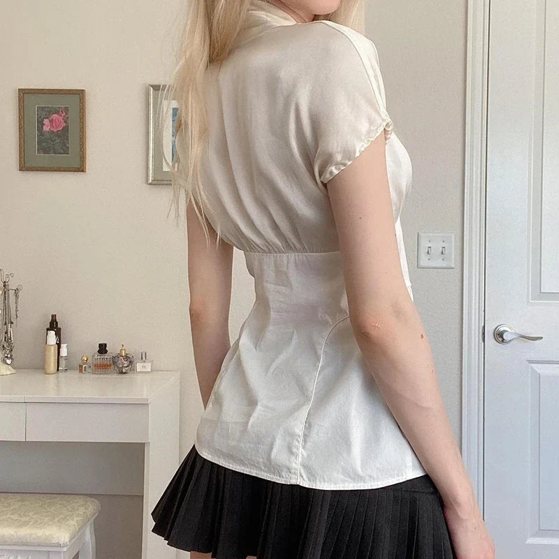 French Retro Satin A-line Shirt Chic Fashion Slimming Short Sleeve V-neck Blouses Office Ladies Elegant Top All-match