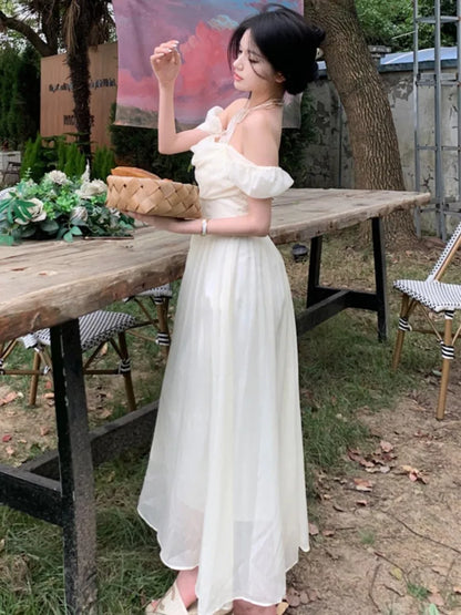 Summer Women Halter Midi Dress Elegant Female Chiffon Square Neck Party One Pieces Dresses French Solid New Vestidos Robe
