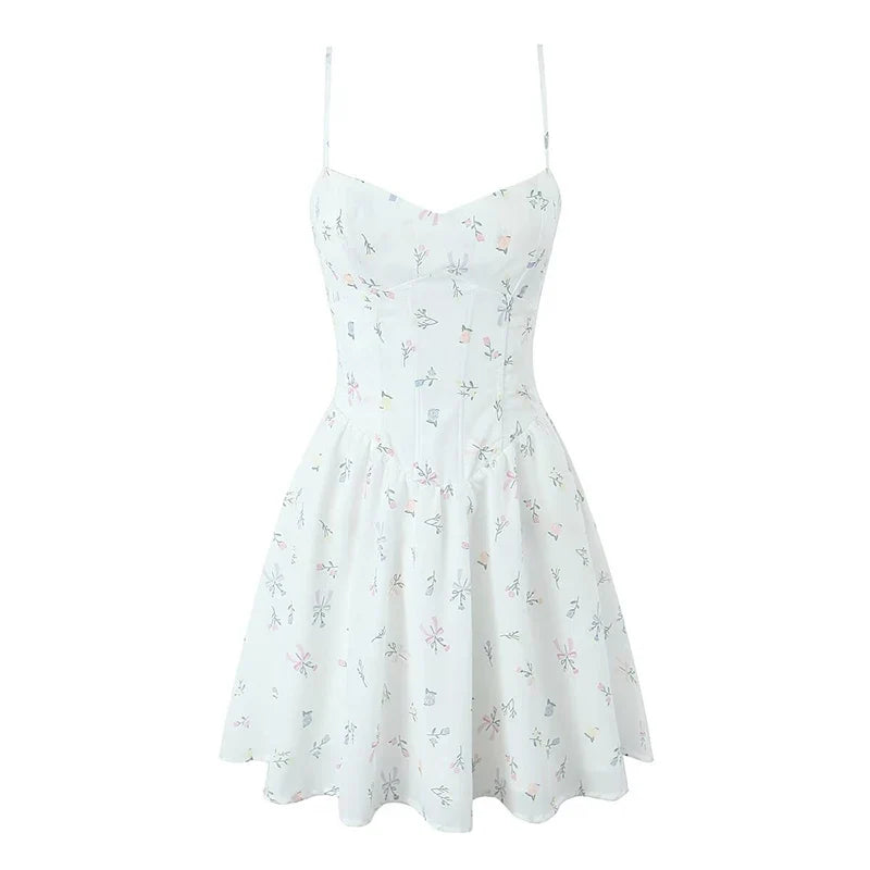 Floral Print Fishbone Slim Sling Mini Dress For Women Sexy Thin Straps Low Waist Holiday Party Summer Dresses Lace Up Back Robe
