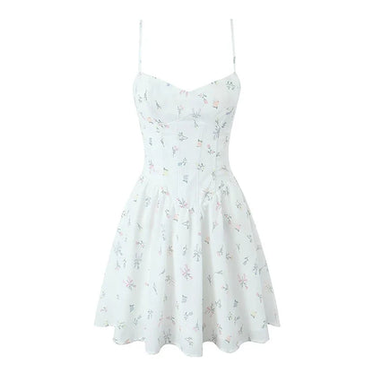 Floral Print Fishbone Slim Sling Mini Dress For Women Sexy Thin Straps Low Waist Holiday Party Summer Dresses Lace Up Back Robe
