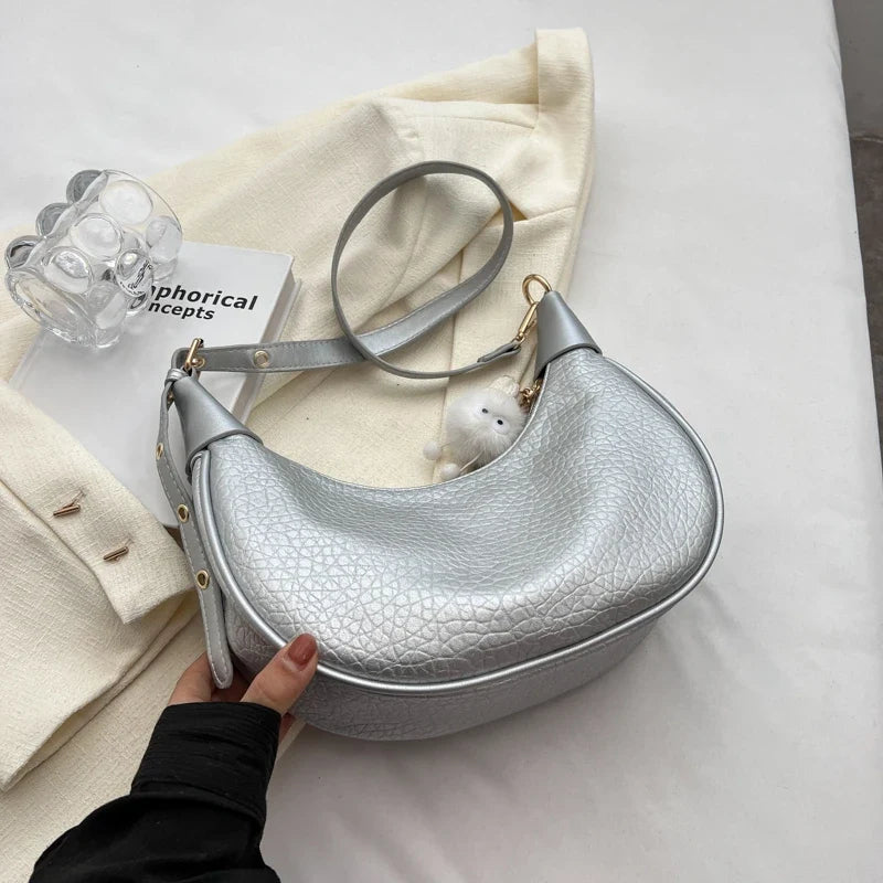 Silver PU Leather Shoulder Bags For Women 2024 Y2K Large Capacity Female Underarm Crossbody Bag Handbag Sac A Main