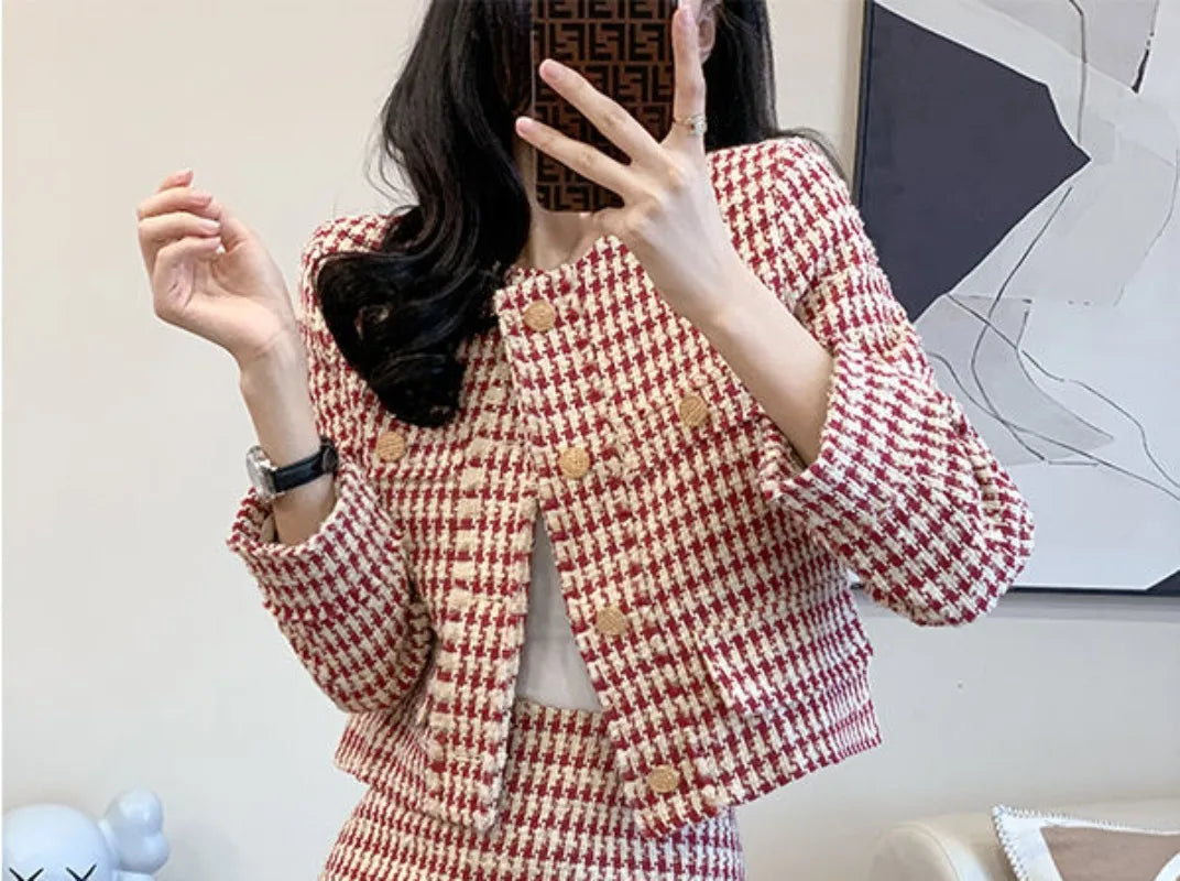 Spring New Ladies Retro Plaid Single Breasted Suit Jacket Sexy High Waist Bag Hip Short Skirt Fashion Casual Women's Suit