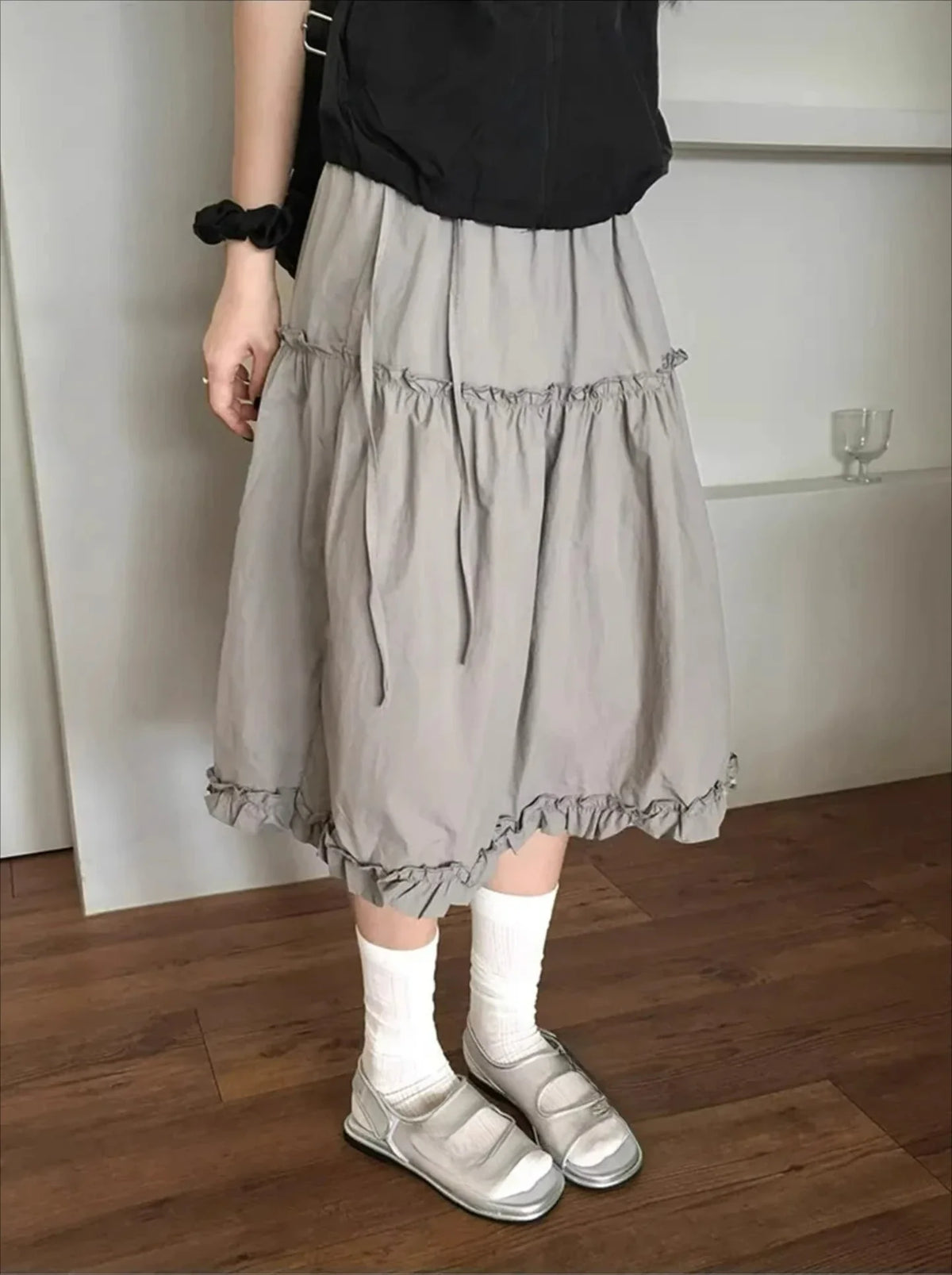 Korean Niche Retro Lace Patchwork Design Elastic and Versatile Slimming A-line Skirt