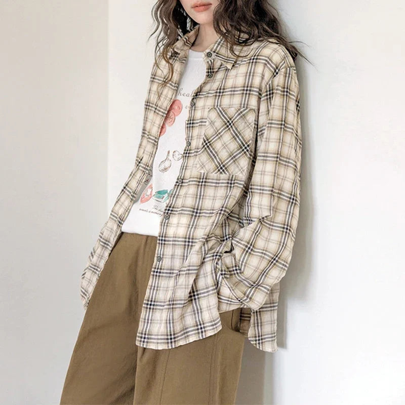 Women's Oversized Check Pocket Detail Shirt