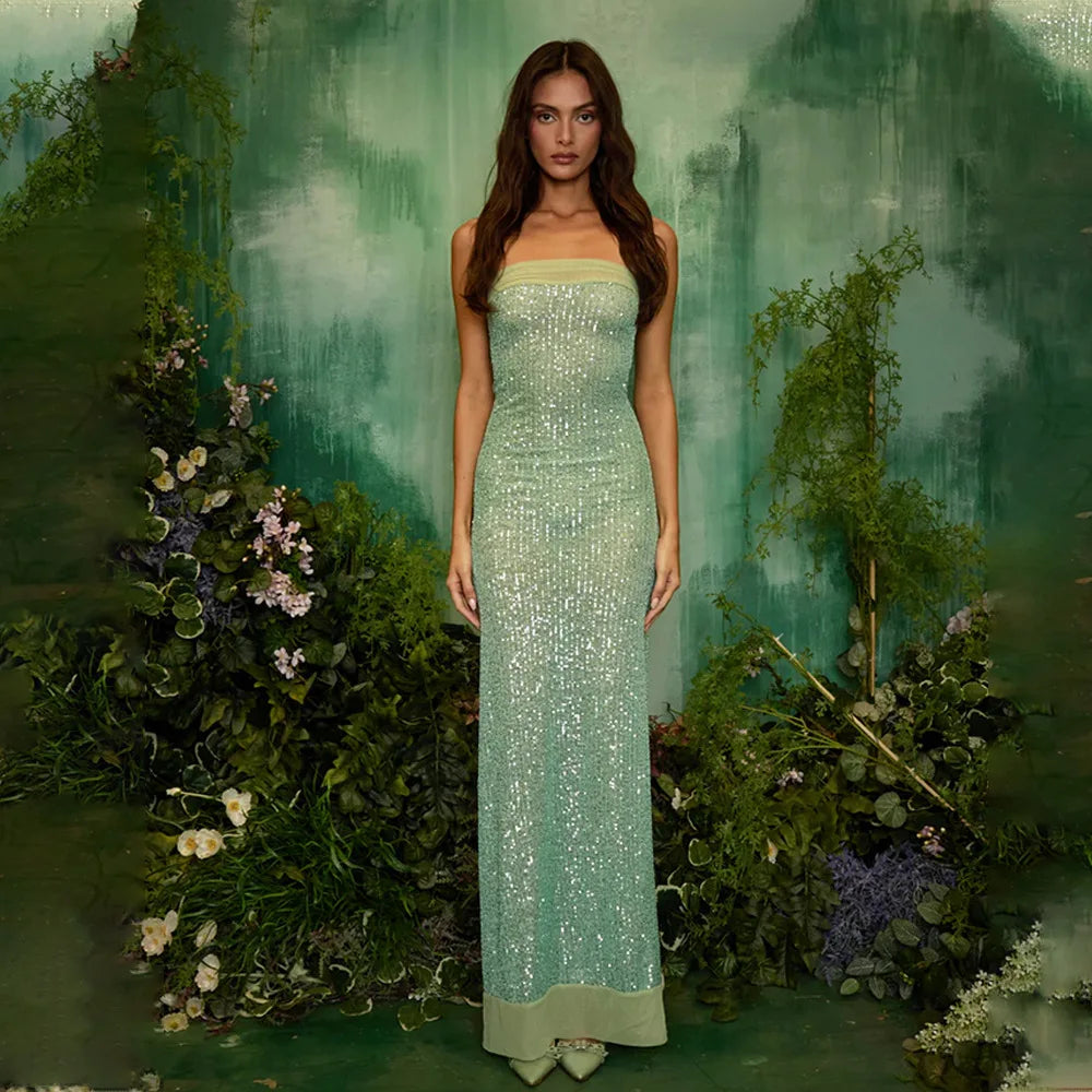 Strapless Sequin Hooded Sheer Shawl Mermaid Bodycon Maxi Gown