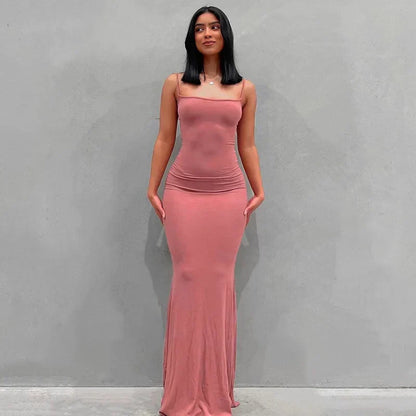 Ribbed Knit Spaghetti Strap Scoop Neck Mermaid Hem Maxi Dress