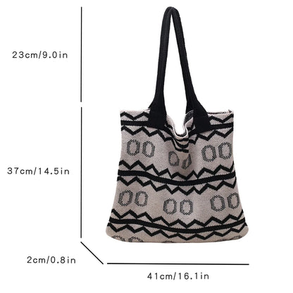 Boho Women Bag Fashion Knitted Handbag Shoulder Bag Japanese Style Woolen Crochet Woven Bag Large Capacity Top Handle Tote Bag