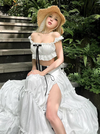 Puss Sweet 2-Piece Set Women Y2K Slash neck Patchwork Lace Bow Crop Tops+High Split Bandage Skirts Matching Vacation Suits