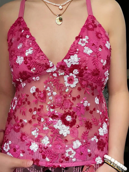Sequins Sexy Embroidery Tank Top Women Backless Halter Fashion See Through Flower Party Vest 2025 Summer Vacation Chic Tops