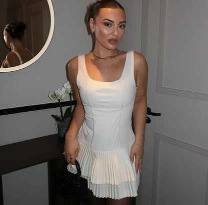 Square Neck Drop Waist Tiered Knife Pleat Mini Dress