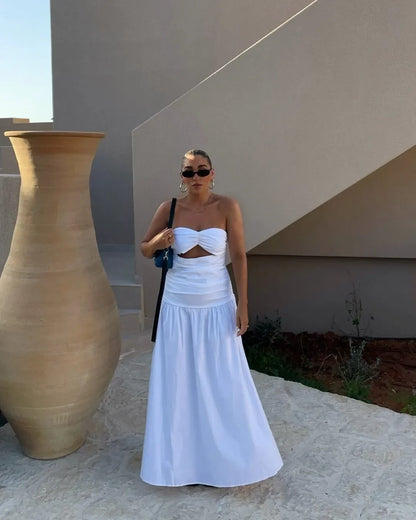 Sexy Hollow Pleated Backless Corset Maxi Dress Women Off Shoulder Solid Fashion Slim Dresses 2024 Summer Chic New Beach Robes