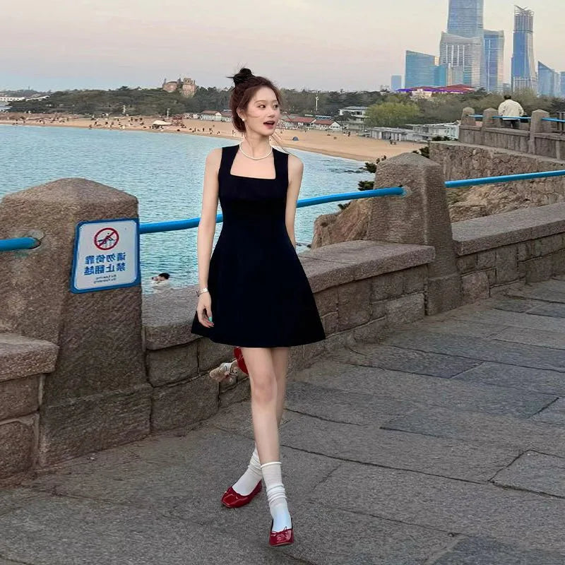 Slimming A-Line Dress Vest Style Korean Version Spring New Arrival Women's Fashionable Black Dress Commute Polyester Fiber
