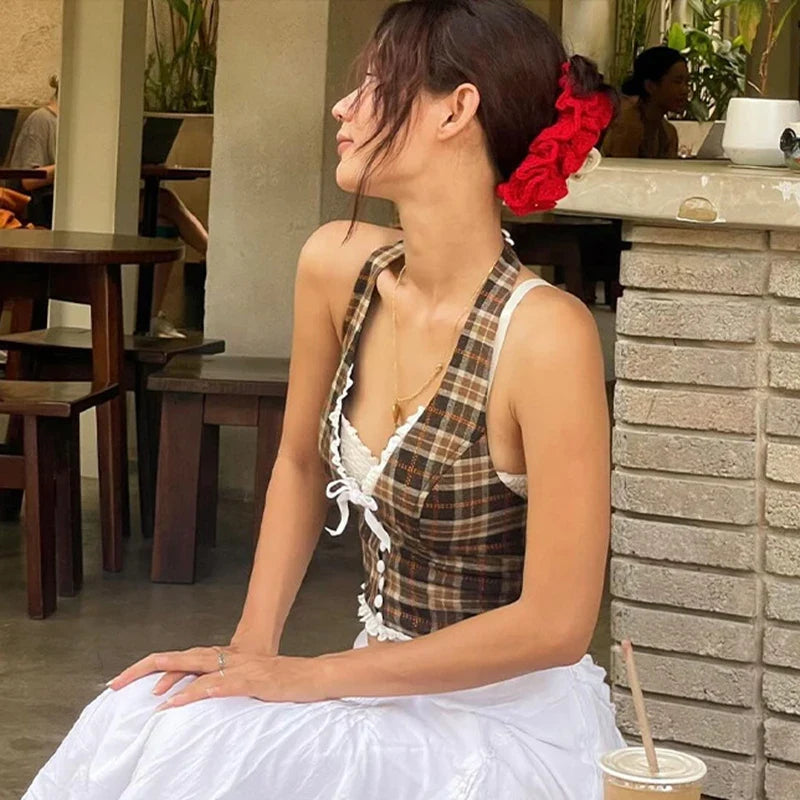 Y2K Plaid Halter Lace Trim Bow Tie Cami Top