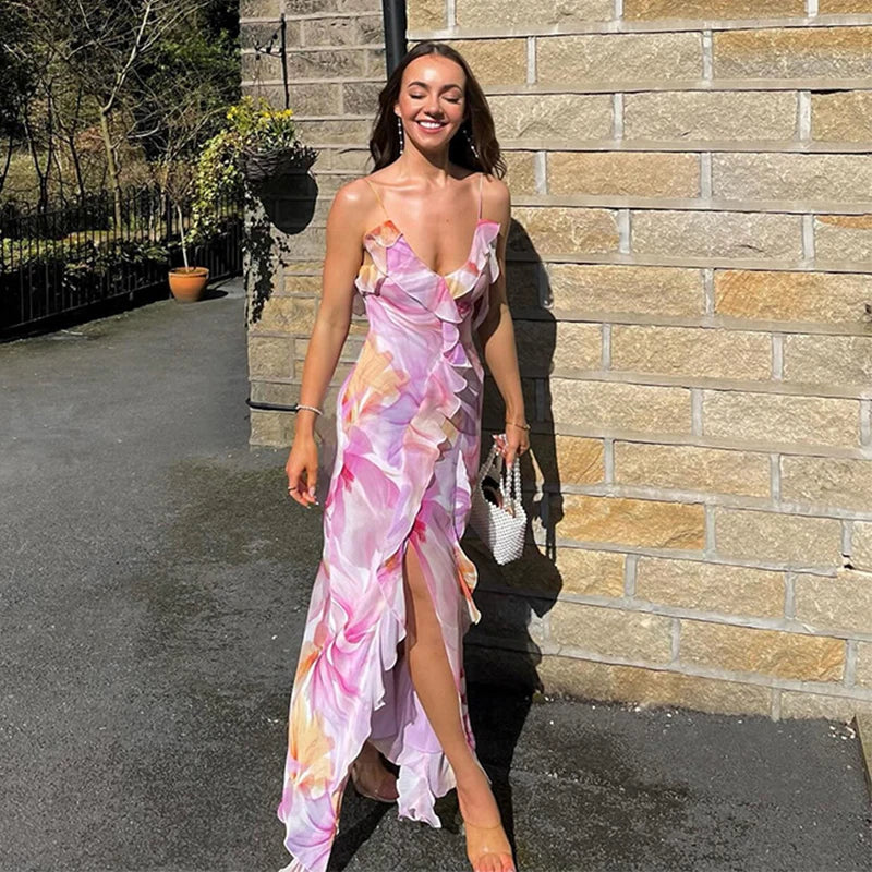 Floral Print Ruffle Backless Split Long Dress Summer Resort Wear Sexy Elegant Dresses For Women Wedding Party Outfits