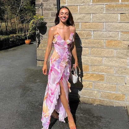Floral Print Ruffle Backless Split Long Dress Summer Resort Wear Sexy Elegant Dresses For Women Wedding Party Outfits