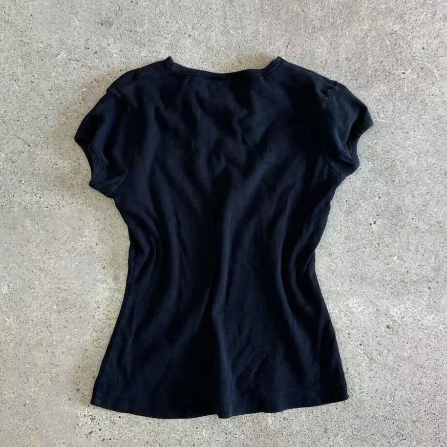 Vintage Style of Embroidered Flowers Y2K Summer New Slim Short-sleeved T-shirt Female V-neck Small Waist Top Street Clothes