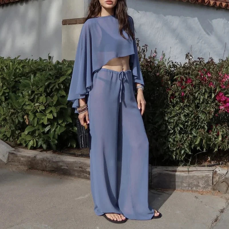 Elegant Solid Perspective Loose Suit Casual Chiffon Shirt Travel Vacation Outfit Fashion Irregular Cape Style Top+Pants 2pc Set