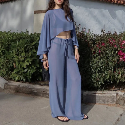 Elegant Solid Perspective Loose Suit Casual Chiffon Shirt Travel Vacation Outfit Fashion Irregular Cape Style Top+Pants 2pc Set
