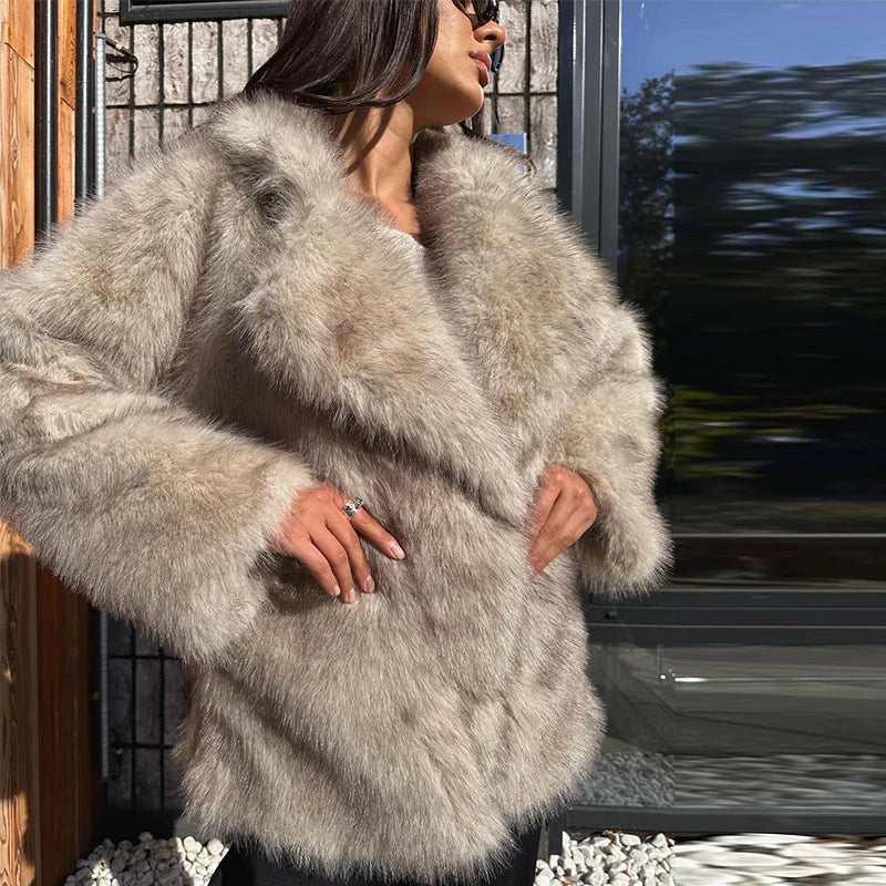 Furffy Thicken Jackets Women Faux Fur Loose Lapel Long Sleeves Warm Coats Female Winter Fashion Solid Soft Outwears Lady